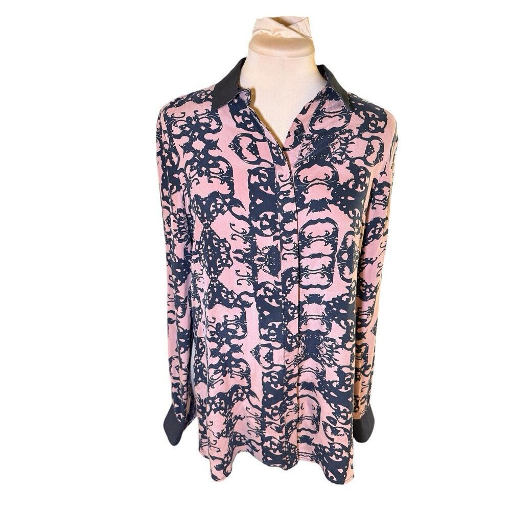 Addison SZ S 100% Silk Button Up Tunic Blouse Artsy Colorful Abstract Print Work